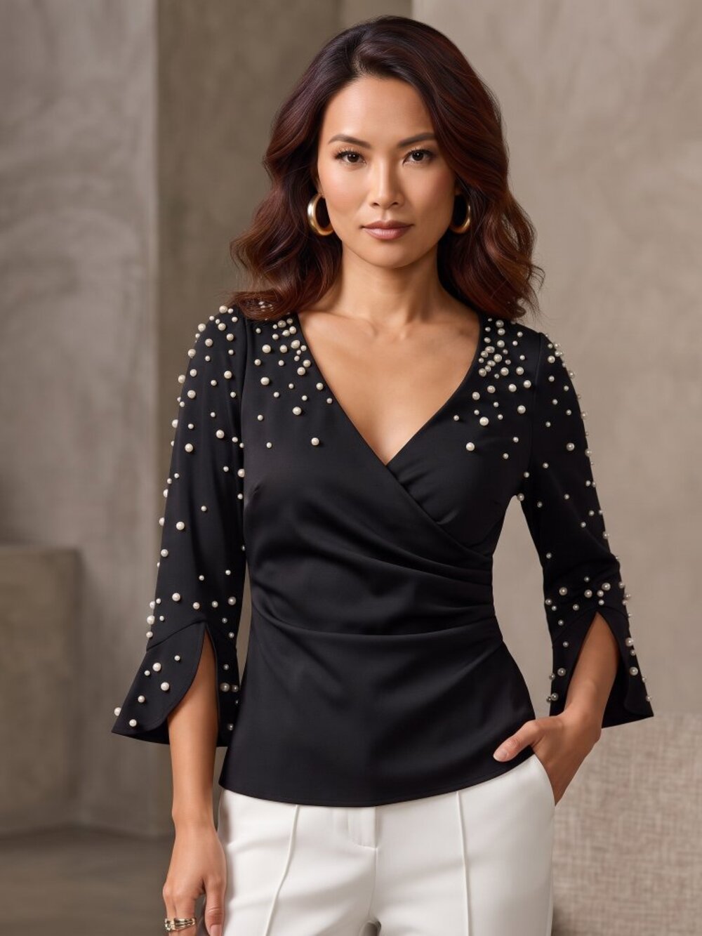 Boston Proper Size 4 Pearl Surplice Flare Sleeve Top